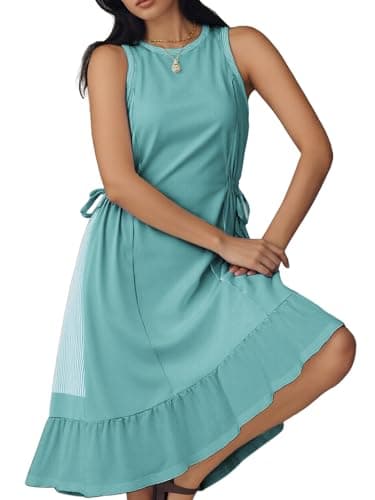 AOVDE Striped Women Dress Color Block Sleeveless Flowing Summer Drawstring Midi Knee Length Dress with Pockets for Spring Lake Green - Image 1