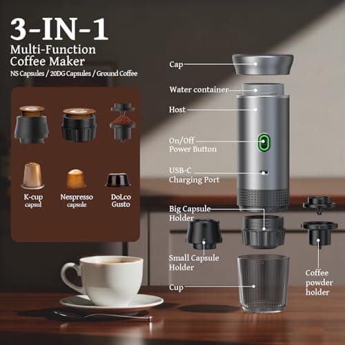zxfcfo Portable Coffee Maker Espresso Machine, 3-In-1 Travel Coffee Maker, Cafetera Portatil Expreso with Small Tea Cup, Compatible with Ground Coffee & NS Capsule for RV, Hiking,Camping - Thumbnail 6