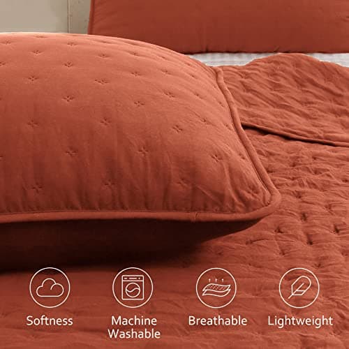 ROARINGWILD Burnt Orange Quilt Sets King Size with Pillow Shams, King Quilt Bedding Set, Lightweight Soft Bedspread Coverlet, Quilted Comforter for All Season - Thumbnail 3