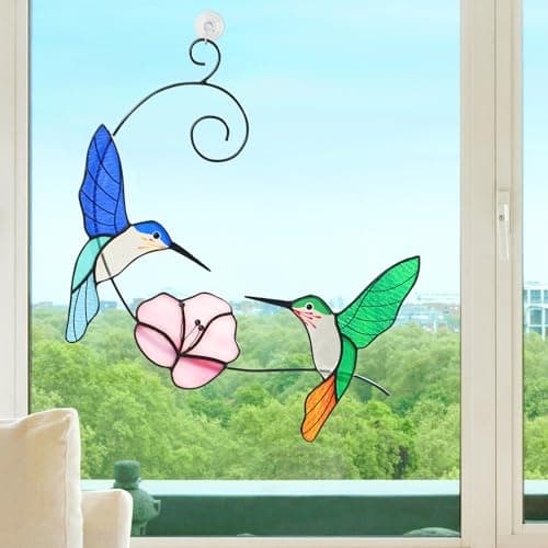 Hummingbird Stained Glass Window Hanging, Handmade Humming Bird with Flower Suncatcher, Sun Catcher Indoor Decor, Decoration, Gift for Women Mom Bird Lover, 10"(W) X8(H), Gift Package, Hanger Given - Thumbnail 6