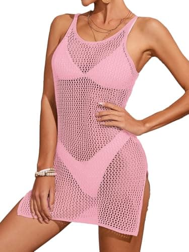 BreathSunny Womens Crochet Open Knit Slim Fit Swimsuit Coverup Summer 2026 Sexy Scoop Neck Double Side Slit Hollow Out Sheer Swimwear Beach Swim Bathing Suit Cover Up Mini Dress Pink M - Image 1