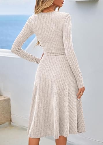 Lazysmile Long Sleeve Fall Winter Dresses for Women V Neck Button Down A Line Swing Casual Knit Sweater Dress Apricot - Thumbnail 2