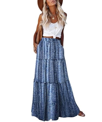 EARKOHA Womens Casual High Waist Tie Paisley Print Long Maxi Skirt with Pockets Blue Floral S - Image 1