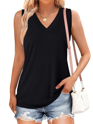 GKBK Womens Tank Top Loose Fit Summer Sleeveless Black Tops Dressy Casual Blouses V Neck T Shirts Layering Tee Shirts Black XL - Thumbnail 2