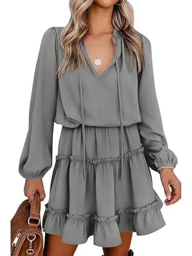 BTFBM Long Sleeve Summer Dresses for Women 2026 Casual Tie Neck Ruffle Tiered A Line Mini Spring Wedding Guest Dress(Long Sleeve Grey, X-Large) - Image 1