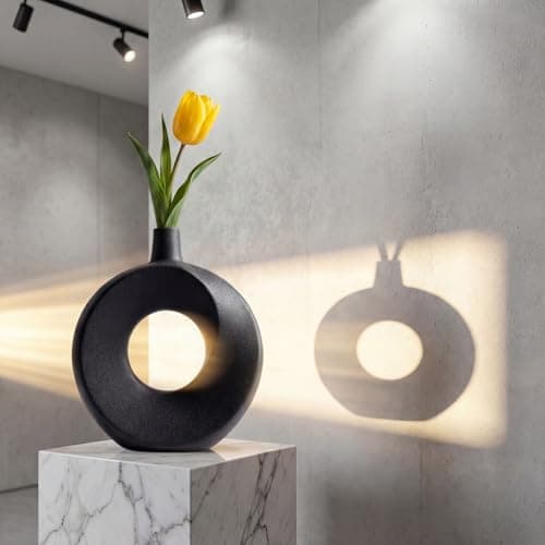 DSYSMIN Modern Black Ceramic Donut Vase - 10.24" Matte Circular Hollow Vase, Minimalist Nordic Style Home Decor for Living Room, Mantel, Entryway (Watertight & Handmade) - Thumbnail 3