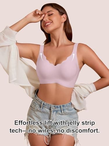 COCOMARTS Jelly Bras for Women No Underwire Seamless Push Up Scalloped Tshirt Bralettes Comfortable Wireless Everyday Bra Pink Large - Thumbnail 6