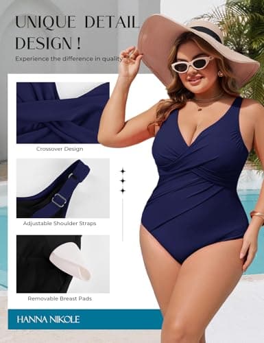 Hanna Nikole High-Elastic Mesh Fabric at the Waist Tummy Control Swimsuits for Women,V-Neck Bathing Suit Navy Blue 22W - Thumbnail 3
