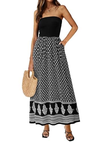 PRETTYGARDEN Women's Strapless Maxi Dress 2026 Summer Floral Tube Top Dress Long Flowy Boho Beach Wedding Dresses (Floral Black,Large) - Image 1