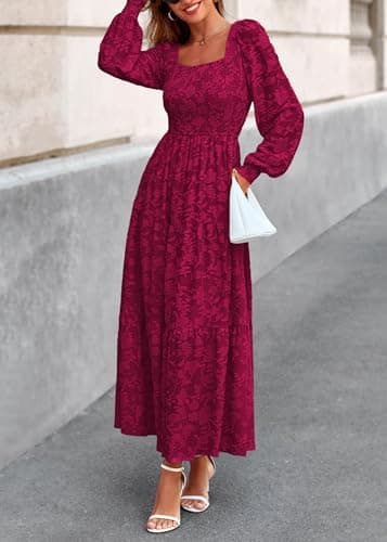KIRUNDO Wedding Guest Dresses for Women 2026 Fall Long Sleeve Smocked Floral Flowy Spring Baby Shower Maxi Dress Pockets (Burgundy, Medium) - Thumbnail 6