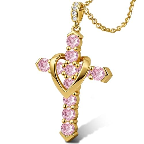 Cross Necklace for Women, Heart Cross Necklace for Women, 18K Gold Plated, Gold Necklace for Women, Dainty Cubic Zirconia Pendant, Hypoallergenic Jewelry for Women, Christian Religious Gifts(Pink-Gold) - Image 1