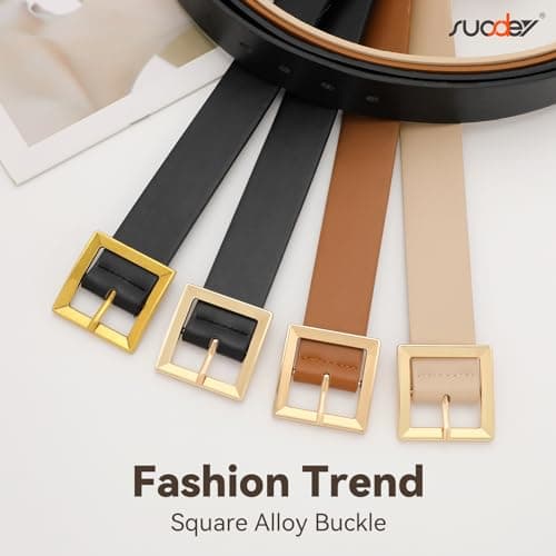 SUOSDEY Women Leather Belt for Jeans Dresses Pants Fashion Waist Belt Ladies Belts for Trendy with Gold Square Buckle - Thumbnail 2