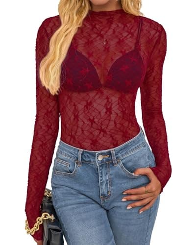 BTFBM Womens Tops Mesh Lace Long Sleeve Tops for Women 2026 Spring Fall Sexy Sheer See Through Tight Party Club Outfits(Red, Small) - Image 1