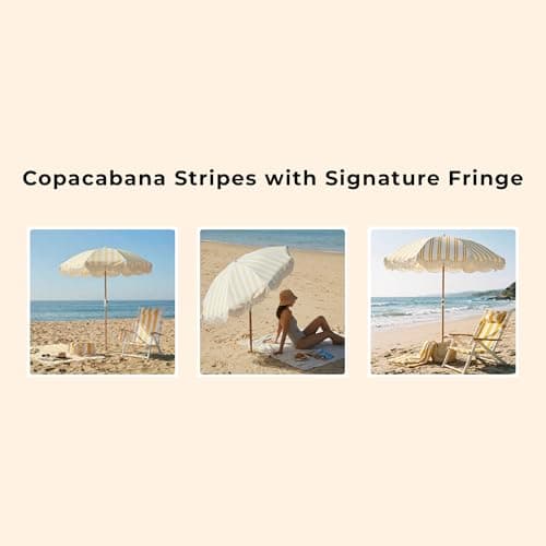 DEER LAND 6FT Stripe Fringe Beach Umbrella for Sand with Sand Anchor, UPF 50+ Sun Shade with Tassels, Adjustable Tilt Pole, Portable Coastal Umbrella for Beach & Pool, Heritage Mimosa Stripe - Thumbnail 5