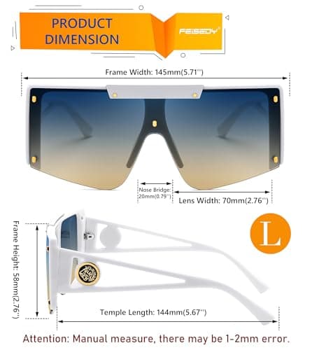 FEISEDY Women Sunglasses, Oversized Square Flat Top Shield Shades for Men B4060 - Thumbnail 6