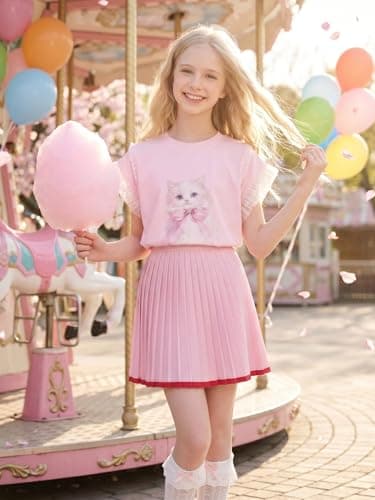 Girls Pink Knit Pleated Skirt with Red Trim, Elastic Waist Sweet Style Skirt for Teens 6-16Y - Thumbnail 5