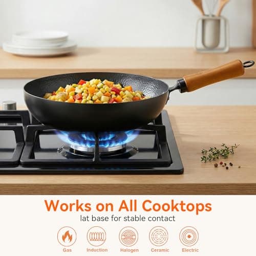 WANGYUANJI 11" Iron Skillet with Glass Lid & Griddle Spatula, Flat-Bottom Frying Pan, Uncoated & Unseasoned, Induction/Gas/Electric Compatible, Wooden Handle (Seasoning Required) - Thumbnail 3