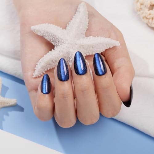 VSALON Press on Nails Short Almond - Blue Cat Eye Chrome Glue On Nails Kit for Women, Reusable Opaque Gel Stick on Nails with Glue & Cuticle Oil - 32 PCS Fake Nails in 16 Sizes (Midnight Tide) - Thumbnail 3