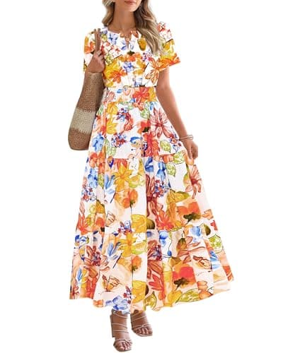 BTFBM Womens Summer Floral Maxi Dresses V Neck Short Sleeve Boho Casual Flowy Long Wedding Guest Dress Beach Vacation(Floral Multicolored, XX-Large)