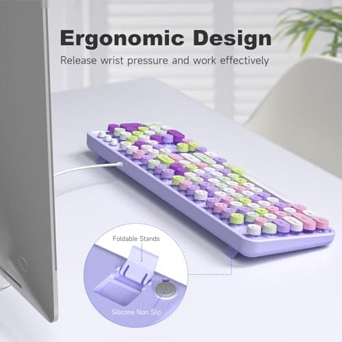 Atelus Computer Wired Keyboard, Plug Play USB Full-Size Keyboard with Large Number Pad, Caps Indicators, Foldable Stands, for Windows 7/8/10 PC Laptop (Purple Colorful) - Thumbnail 4
