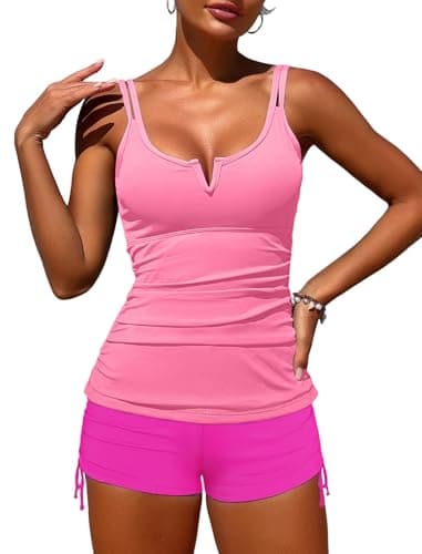 ZAFUL Women's V-Wire Tankini Swimsuits Pink Two Piece Bathing Suits Ruched Tank Top Tummy Control High Waisted with Sporty Shorts Pink M - Image 1