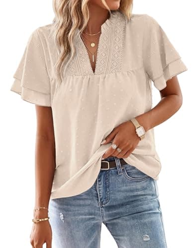 Aprolive Women's V Neck Dressy Blouses Butterfly Short Sleeve Tunic Tops Trendy Boho Flowy Swiss Dot Shirts (A Apricot, M) - Image 1