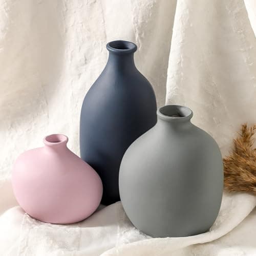 Ceramic Vase Set of 3,Decorative Vases Home Decor, Small Modern Boho Rustic Farmhouse Pottery Vases for Pampas Grass Dried Fresh Flowers,Bedroom,Living Room,Bookshelf, Mantel，Centerpiece Table Decor - Thumbnail 5