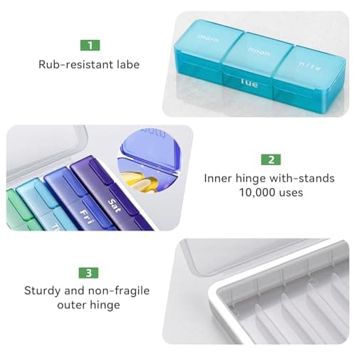 Weekly Pill Organizer 3 Times a Day, Pill Cases Organizers 7 Day, Medicine Pill Organizer by Time, Daily Pill Box AM/PM/Night, Travel Pill Case for Medication, Vitamins, Fish Oil and Supplements - Thumbnail 3