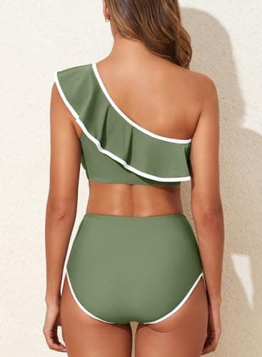 Herseas Women's Asymmetrical Bikini Sets White Trim Ruffle Bikini Top Girls Swim Suits 2026 Summer Cute High Waisted Bathing Suits Army Green Beach Vacation Outfits X-Small - Thumbnail 3