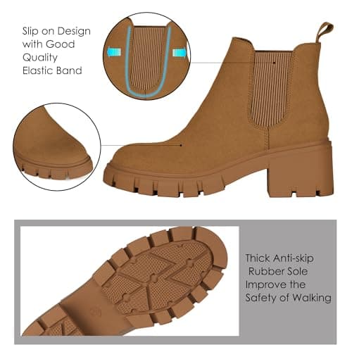 Athlefit Women's Chelsea Boots Fashion Lug Sole Chunky Heel Slip on Elastic Ankle Booties Brown Suede Size 10 - Thumbnail 4