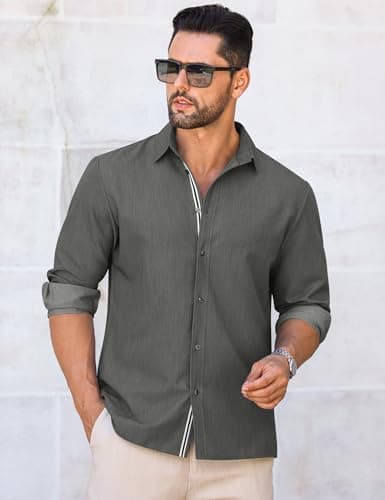 LETSEE Men's Button Down Dress Shirt Long Sleeve Untucked Business Casual Shirt Wrinkle Free Stretch Denim Texture - Thumbnail 2