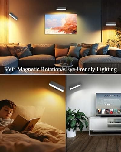 iThird Rechargeable Battery Operated Wall Sconce Set of 2: Wireless Black Wall Lights Battery Powered Magnetic 360° Rotation Cordless Scone Adhesive LED Wall Mount Lamp for Bedroom Reading Picture RV - Thumbnail 2