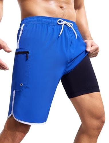 SILKWORLD Mens Swim Trunks with Compression Liner Bathing Suit Drawstring Beach Quick Dry Shorts, Deep Blue, XX-Large - Image 1