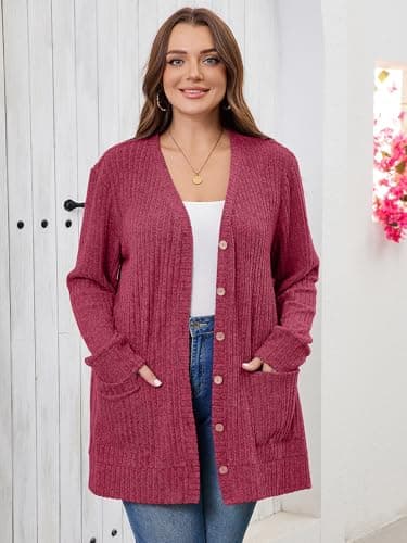 AusLook Plus Size Women Long Sleeve Cardigan 1X Jujube Red Open Front Button Down Lightweight Casual Sweater Cover Ups Shrugs Shawls and Wraps Kimono Jacket Coat with Pockets - Thumbnail 6