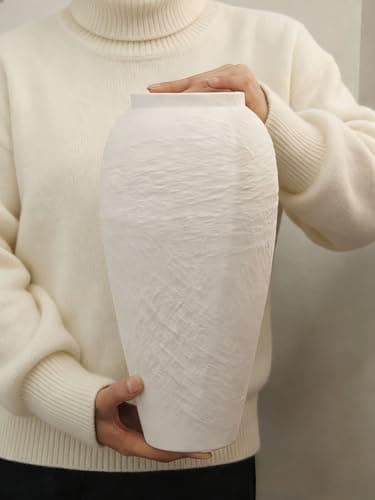 Vintage Ceramic Vase, Minimalist Texture Stone Patterned White Flower Vase, Decorative Vase for Living Room Shelf Farmhouse Dining Table Centerpiece Decor (White Texture 12.6'') - Thumbnail 4