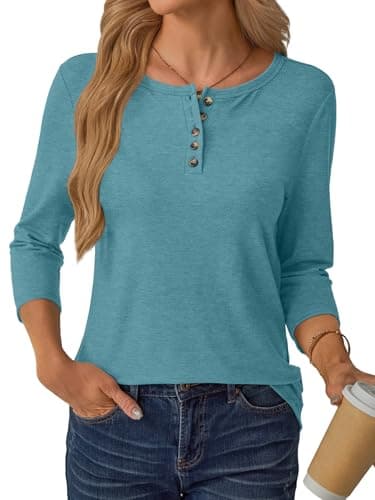 GKBK 3/4 Sleeve Womens Tops Fall Clothes Henley Casual Spring Summer Lightweight Basic Tunic Shirts Teal - Thumbnail 3