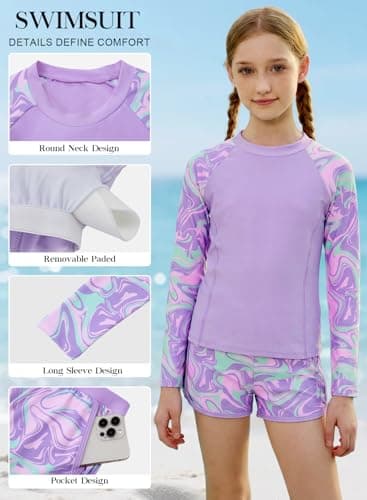 Alakuoti Girls Rash Guard Swimsuit Two Piece Bathing Suit UPF 50+ Sun Protection Long Sleeve Swimwear Size 7 Purple Wave - Thumbnail 2