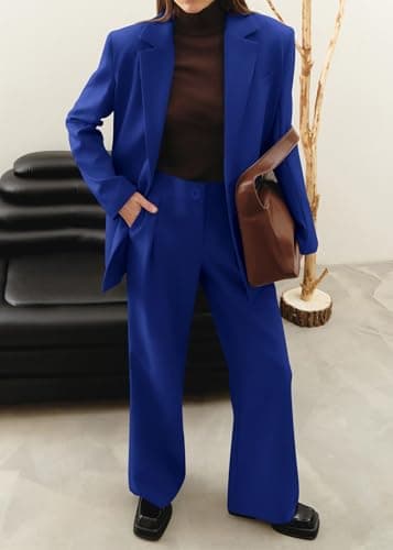 KIRUNDO Women Suits 2 Piece Set Business Casual Dressy Oversized Blazer Jacket and Wide Leg Dress Pantsuits Formal Outfits(Royal Blue, Medium) - Thumbnail 5