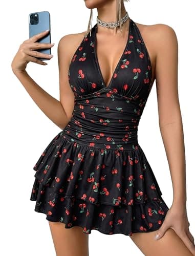 Avidlove Summer Dress V Neck Mini Dress Ruched Slim Fit Going Out Cocktail Party Club Bodycon Dresses Cherry Print Small - Image 1