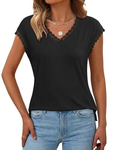 JUSTFASHIONNOW Lace Blouse Soft Cap Sleeve Tops for Women Summer V Neck Tank Tops Dressy Casual Black Shirts Trendy Clothes(Black,Medium) - Image 1