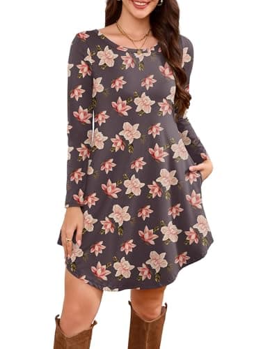 DEARCASE Women's Long Sleeve T Shirt Dress Floral Grey Purple Hibiscus Small Crewneck Knee Length Loose Casual Flowy Swing Tunic Dresses with Pockets - Image 1
