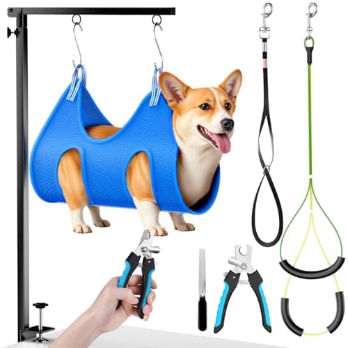 AUORC Dog Grooming Arm with Hammock, Adjustable 26"-38" Foldable Grooming Table Arm with Clamp & 2 No-Sit Holders, Heavy Duty for Small & Medium Dogs, Includes Nail Clippers (Table Not Included)