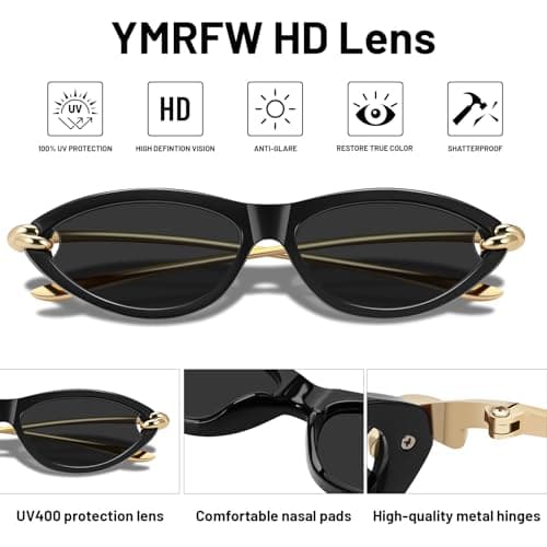 YMRFW Retro Oval Cat Eye Sunglasses for Women Y2k Designer Trendy Narrow Shades Metal Temples UV protection Sun Glasses - Thumbnail 5