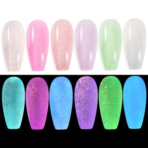 Oumisaya Glow in the dark Jelly Glitter Gel Nail Polish 6 Colors Set Macaron Pink White Blue Green Collection Semi-Clear Translucent Gel Polish (GPD060)