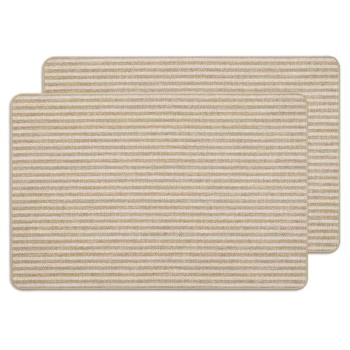 MatEssenz 2-Pack Washable Inside Door Mats 2x3 ft, Low Profile Entryway Rug Set, Scandinavian Striped Woven Faux Linen, Non-Slip Mudroom & Kitchen Mat, Apartment Essentials, Khaki - Image 1