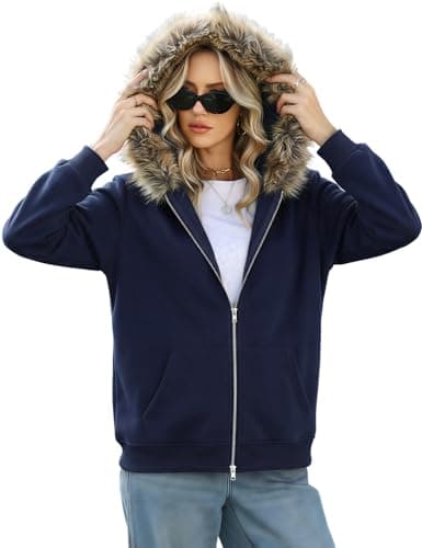 Wyeysyt Women's Y2k Hoodie Jacket Faux Fur Zip Up 2000s Clothing Emo Grunge Coat 90S Hood Vintage Teen Sweatshirts(Navy,M) - Image 1