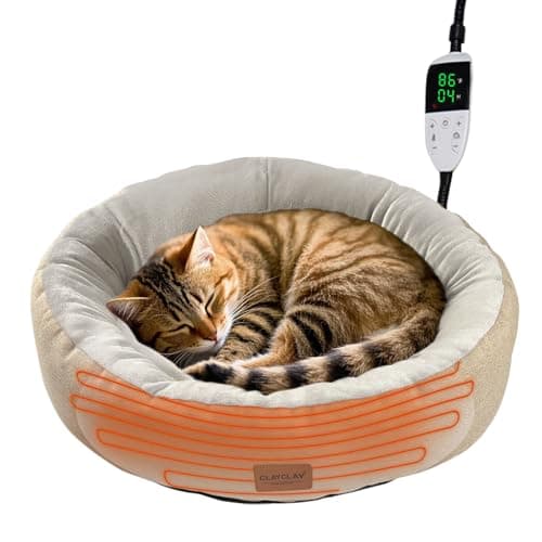 CLAYCLAY Heated Cat Bed, Round Heated Pet Bed for Indoor Cats, 20" Cozy with Timer & Temperature Adjustable, Non-Slip Bottom, Removable, Washable, Waterproof with Pet Heating Pad