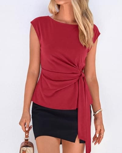 BTFBM Womens Tops Summer 2026 Cap Sleeve Crew Neck Tie Waist Blouses Dressy Casual Business Work Clothes Early Fall Fashion(Bright Red, Medium) - Thumbnail 3