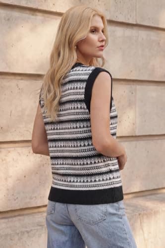 Arach&Cloz Women's Wool Blend Knit V Neck Loose Sleeveless Pullover Fair Isle Fashion Vintage Trendy Ribbed Casual Workwear Layering Sweater Vest Top Clothes Spring Fall Winter Black XXL - Thumbnail 4