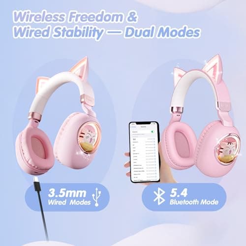esonstyle Kids Headphones Cat Ear - Bluetooth 5.4 Over-Ear Noise Cancelling Headphones with Microphone LED Lights Up 85dB Safe Volume Limit Wireless or 3.5mm Wired USB C for Travel iPad Tablet (Pink) - Thumbnail 4